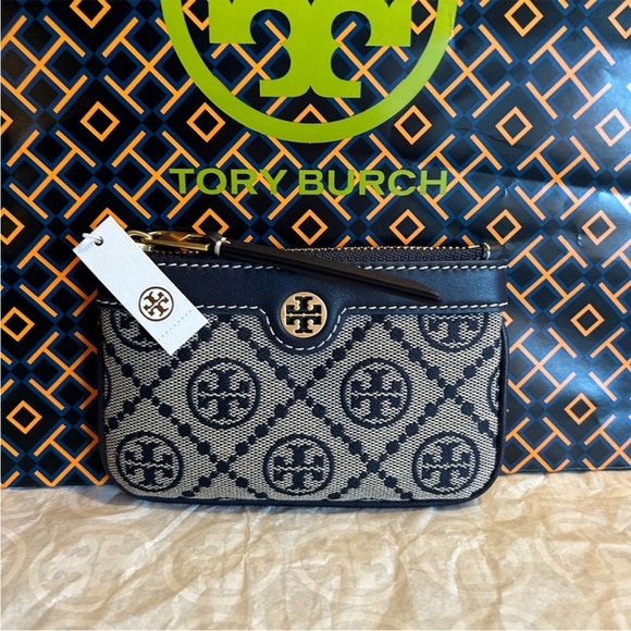 Tory Burch T Monogram Jacquard Card Case Tory Navy Gold - Picture 1 of 9